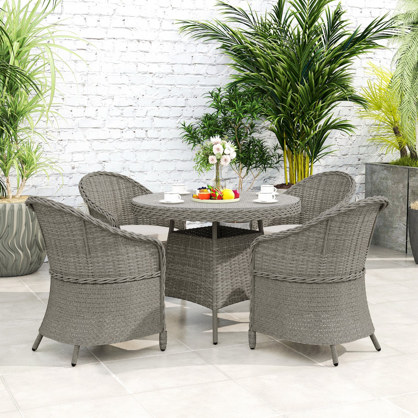 Outsunny 4 Seater Rattan Furniture Set With Cushions Round PE Rattan Dining Set Glass Top Table Umbrella Hole Grey