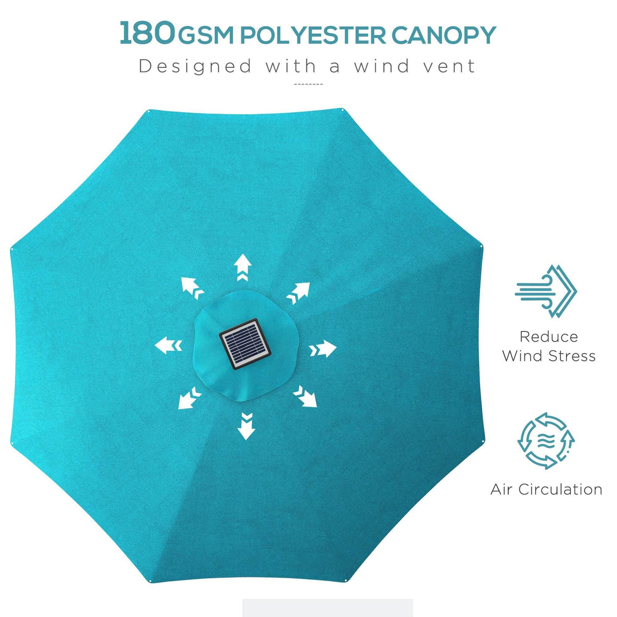 Teal polyester patio umbrella canopy with wind vent and air circulation design