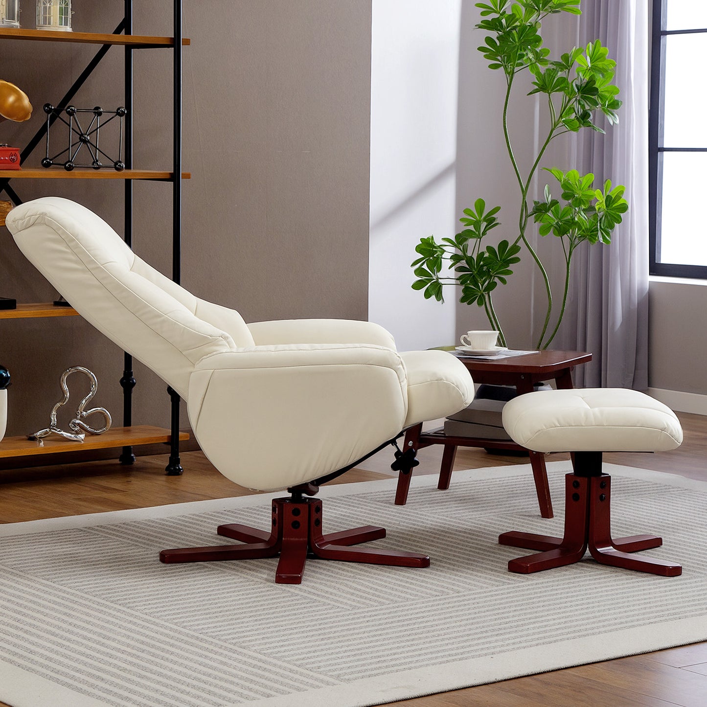 HOMCOM Rocking Recliner Chair With Footstool In Cream PU Leather For Living Room And Bedroom With Wood Base