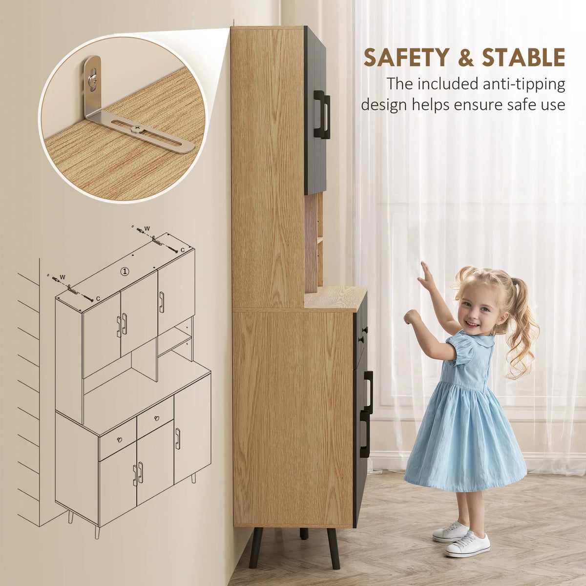 Kitchen cupboard with anti-tip safety bracket and upright doors on black legs