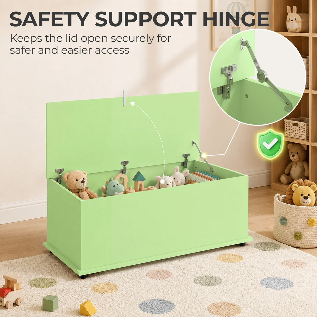 Green storage bench with safety support hinge, lid held open