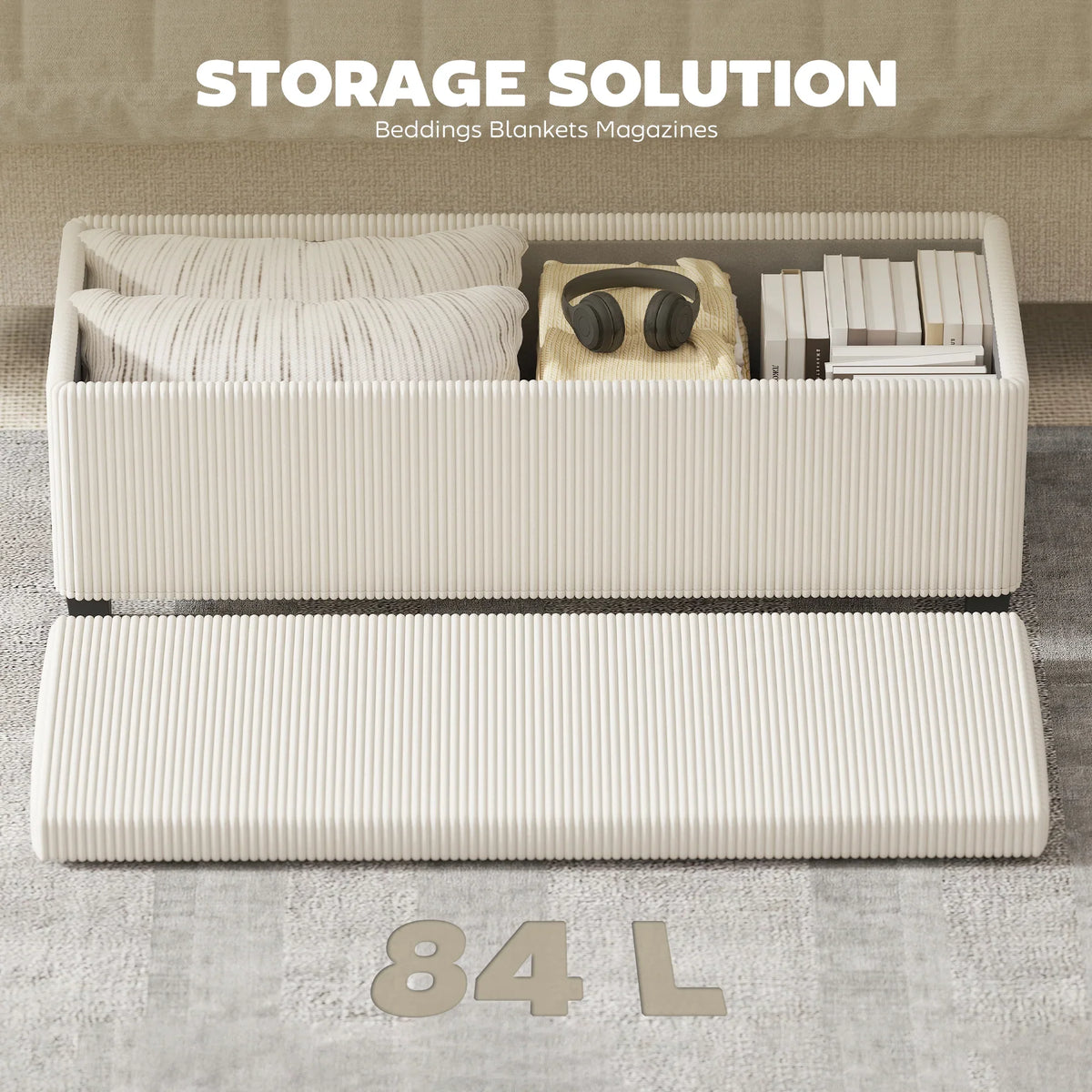 Beige corduroy storage ottoman bench with open lid showing 84 L storage