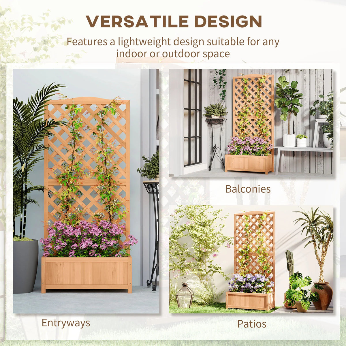 Light wood raised planter with lattice trellis and open planting box