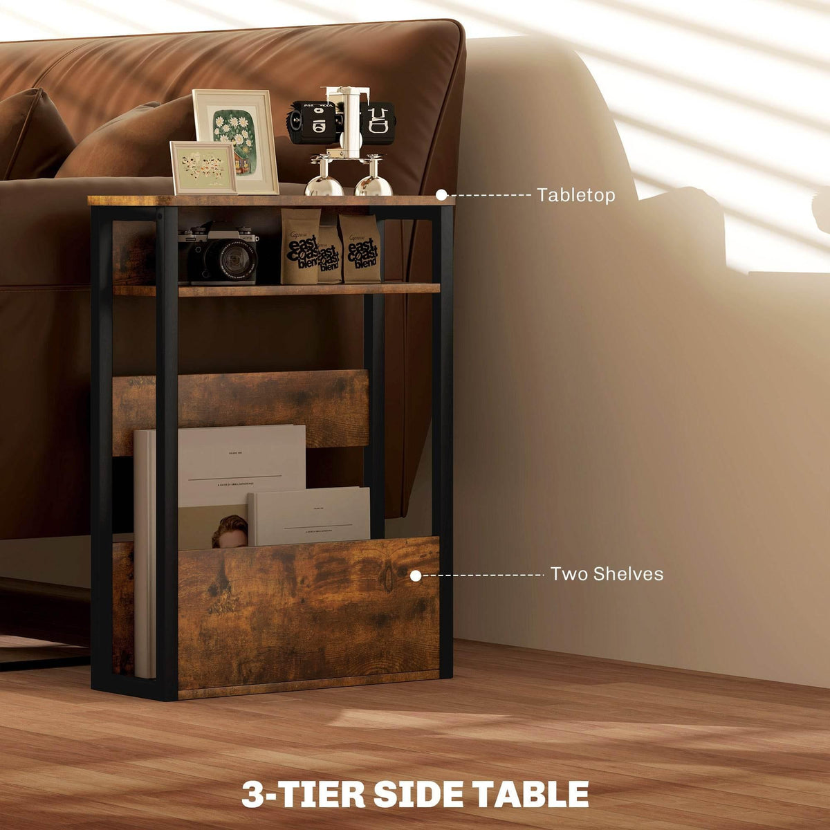 Rustic industrial side table with tablet top, black frame, and two open shelves