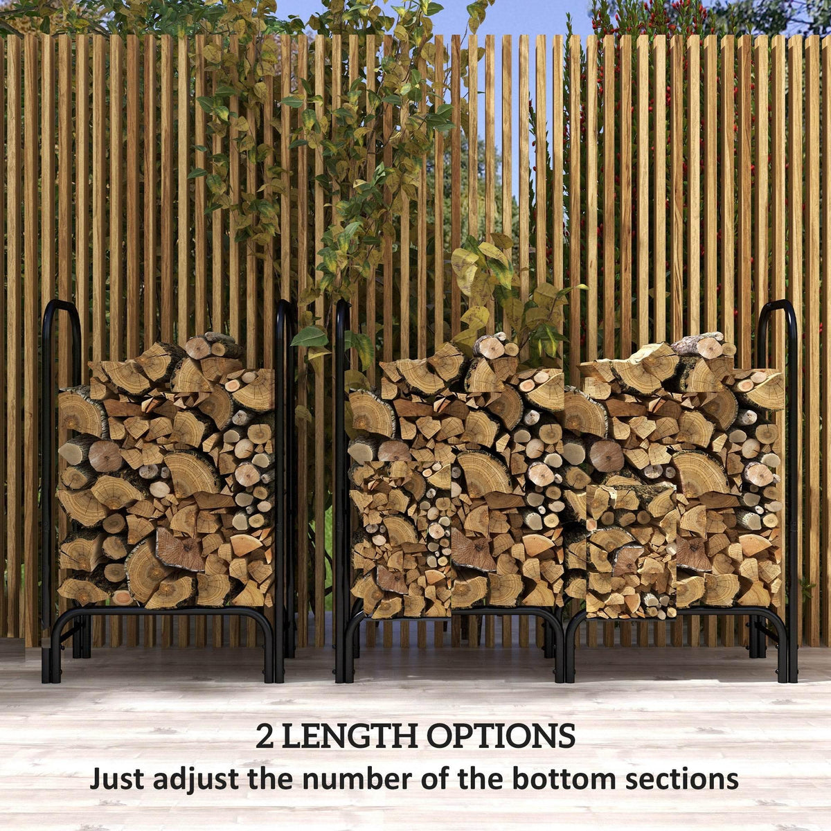 Black firewood rack with two adjustable bottom sections holding stacked logs