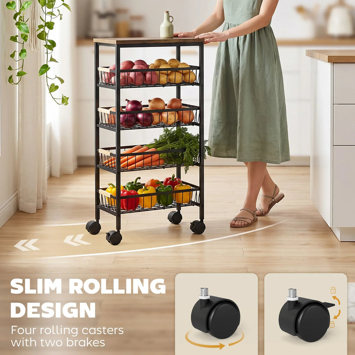 Tall 4-tier rolling trolley with pull-out baskets and four swivel casters for kitchen storage.