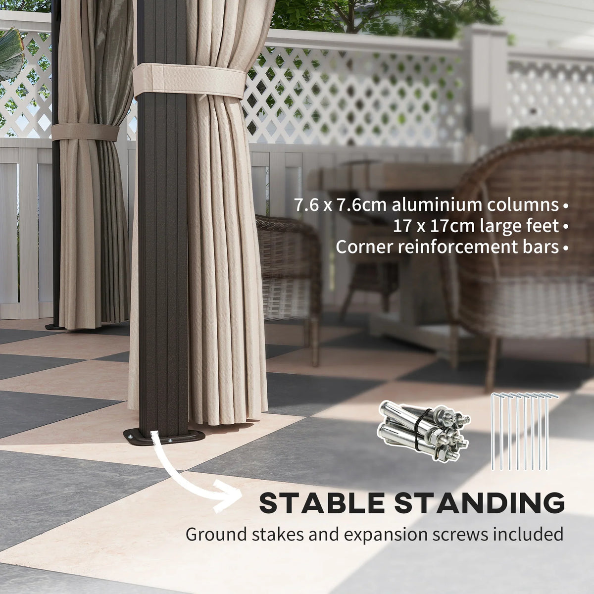 Gazebo corner post with beige curtains and included ground stakes and screws