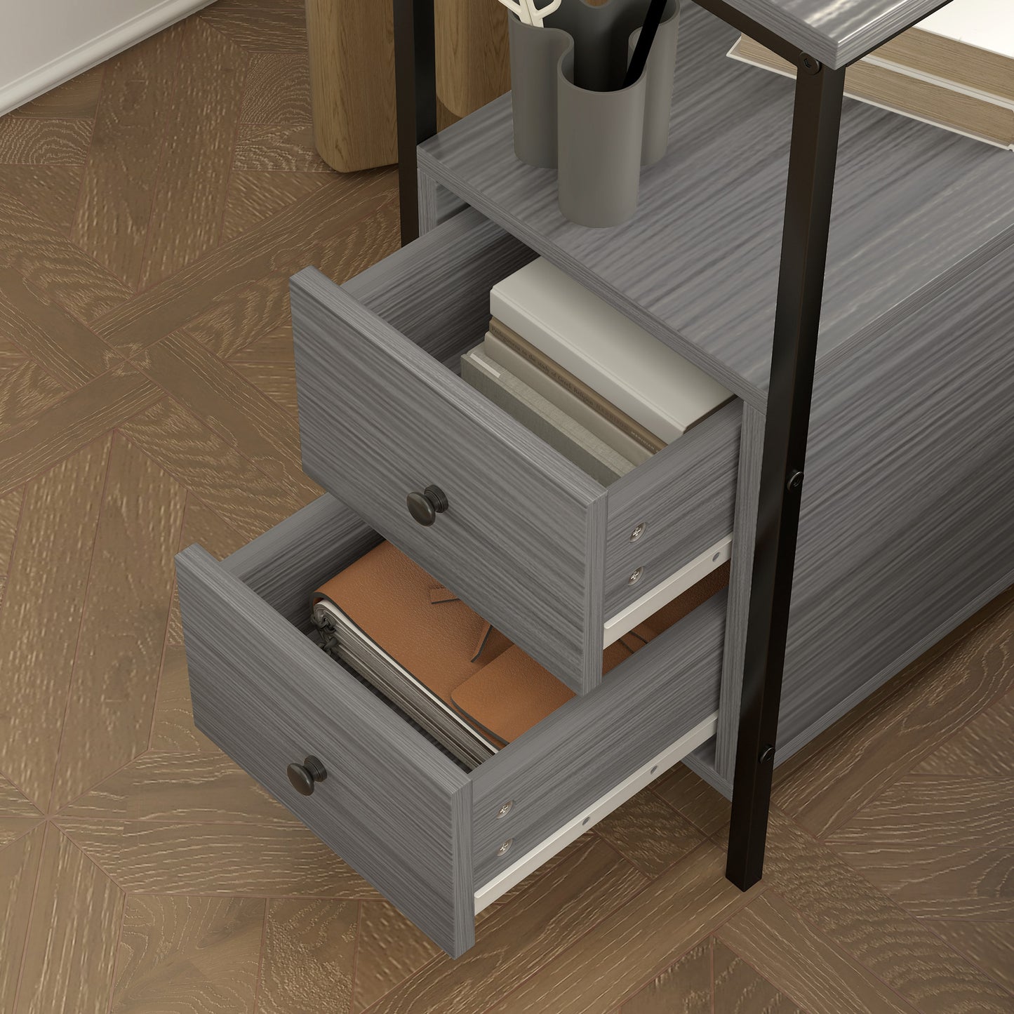 HOMCOM Narrow Bedside Table With 2 Drawers And Storage Shelf Industrial End Table Metal Frame Grey Wood Grain