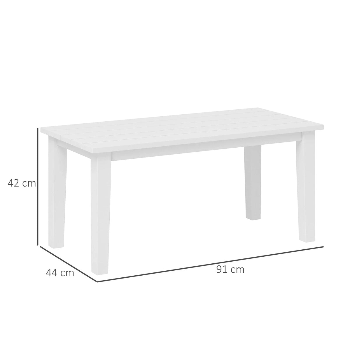 Product view: White rectangular coffee table with slatted top and four straight legs