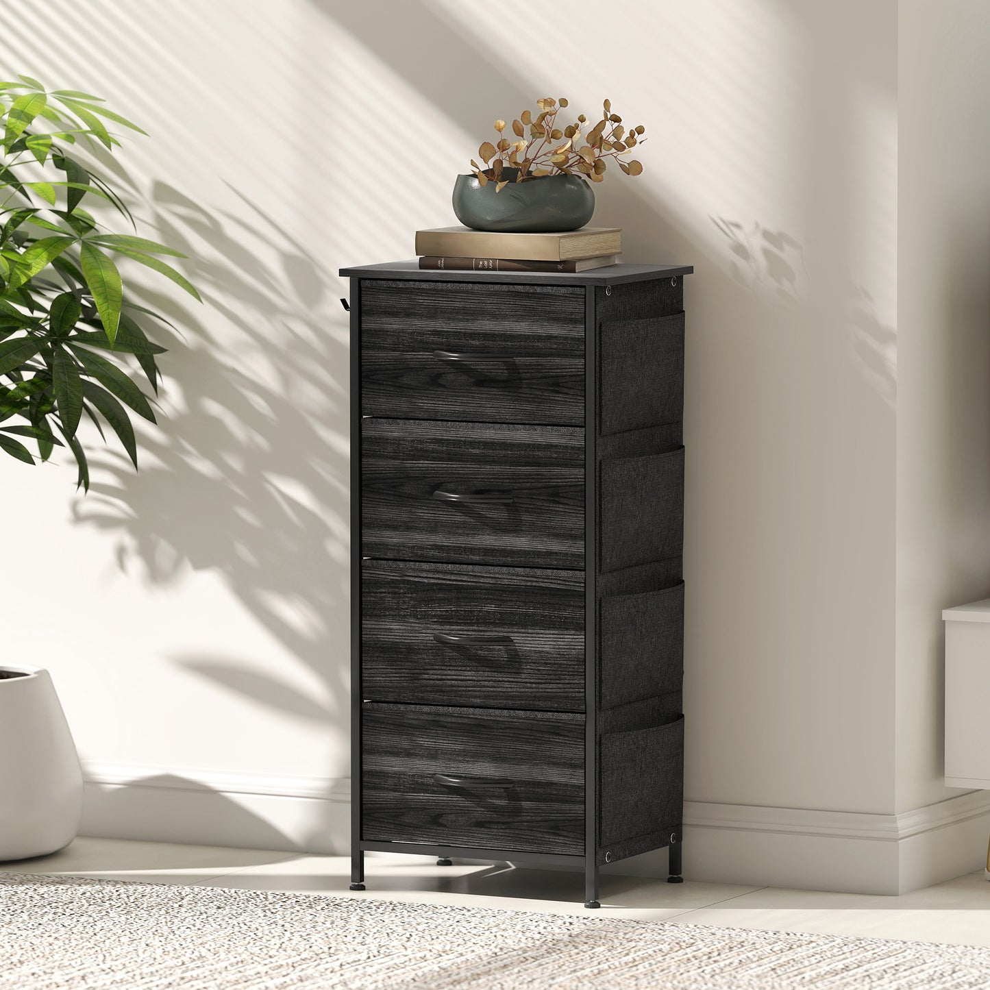 HOMCOM Four Fabric Drawer Chest With Steel Frame Four Side Pockets And Two Hooks Black