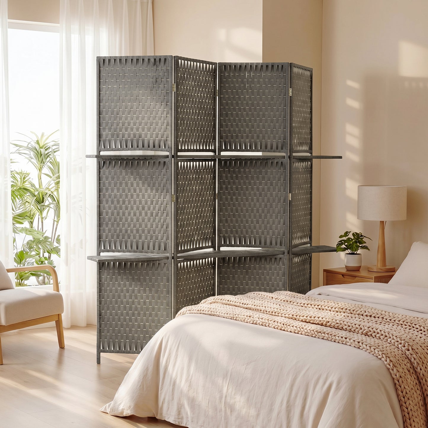 HOMCOM Wave Fibre Freestanding Folding Privacy Screen Panels Room Divider Grey With Shelves For Storage