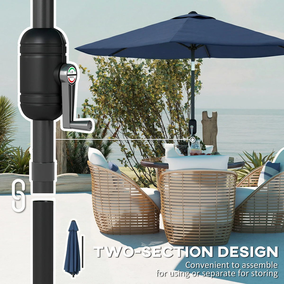 Navy blue two-section patio parasol umbrella with central pole and crank mechanism