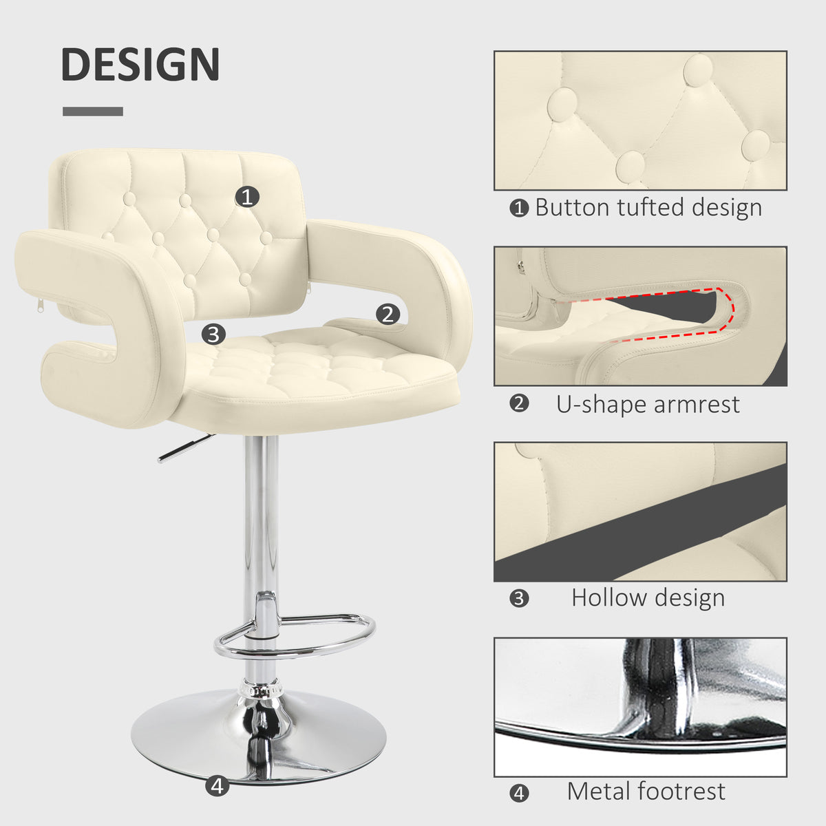 White button-tufted bar stool design with U-shaped armrests and metal footrest