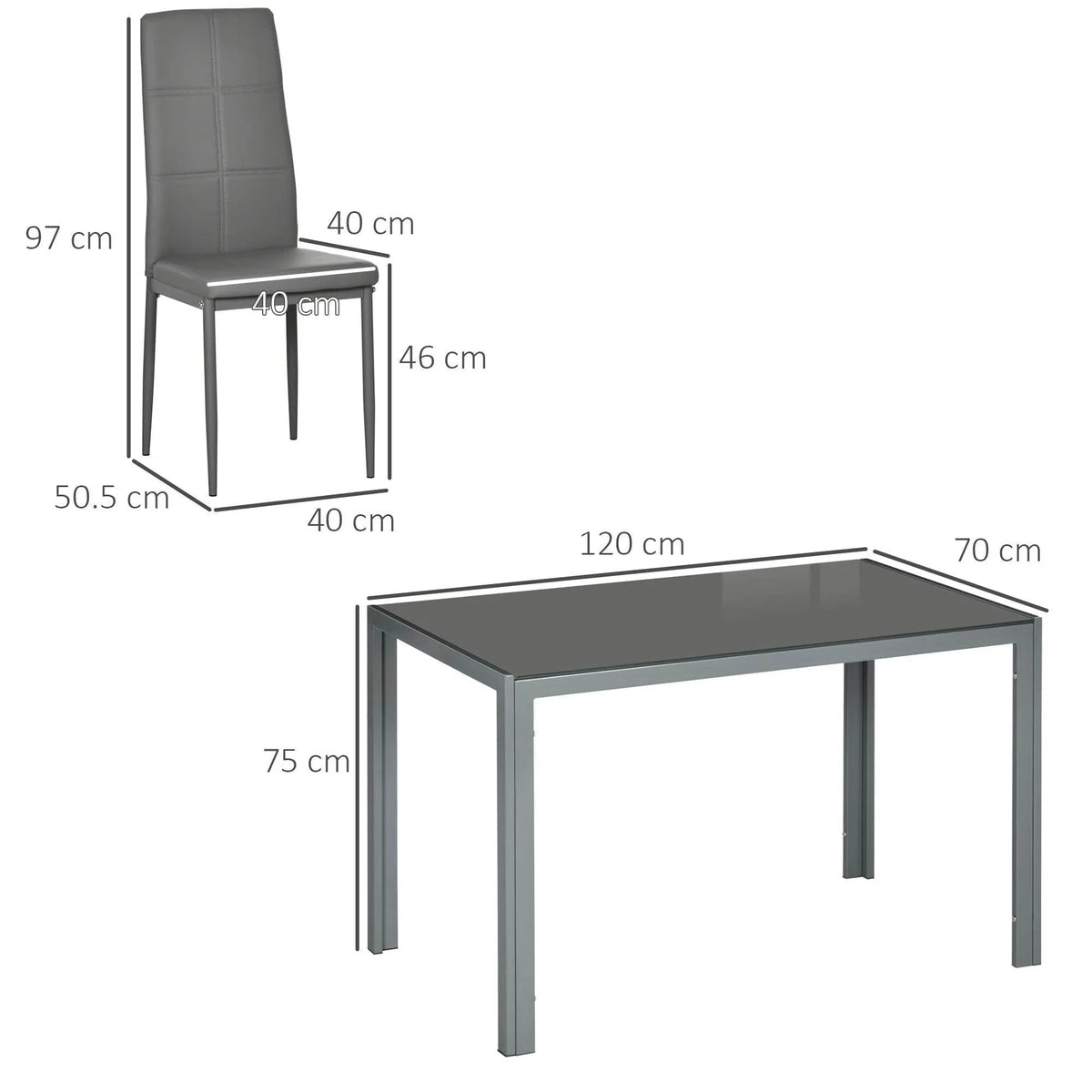 Grey dining table set with 4 faux-leather chairs and tempered-glass tabletop, metal frame