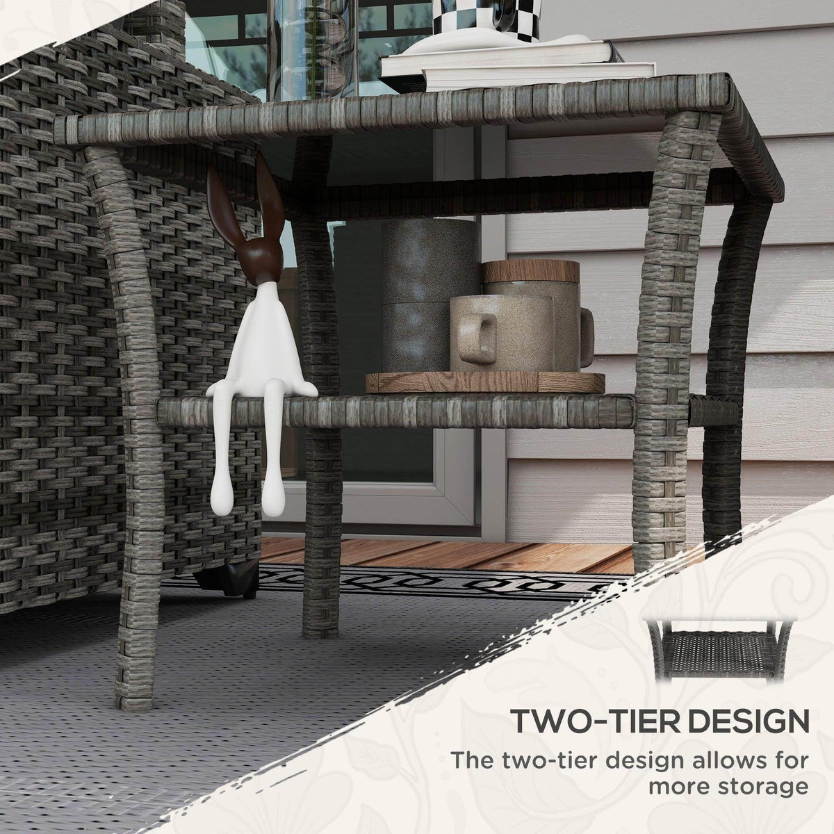 Grey PE rattan two-tier coffee table with open lower shelf and glass tabletop