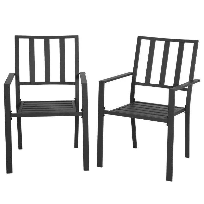Black metal patio dining chairs with vertical slatted backrests and slatted seats