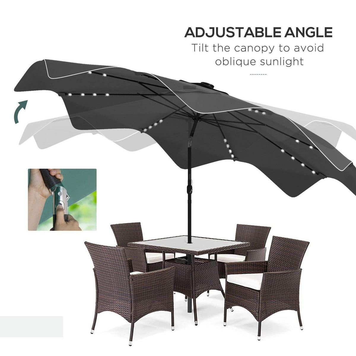Adjustable-tilt dark grey patio umbrella canopy with LED lights along ribs