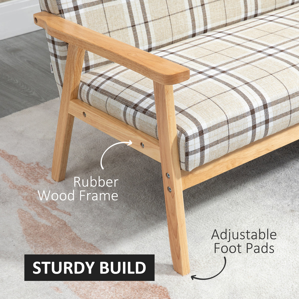 Loveseat sofa with rubber wood frame, adjustable foot pads, and plaid seat cushion