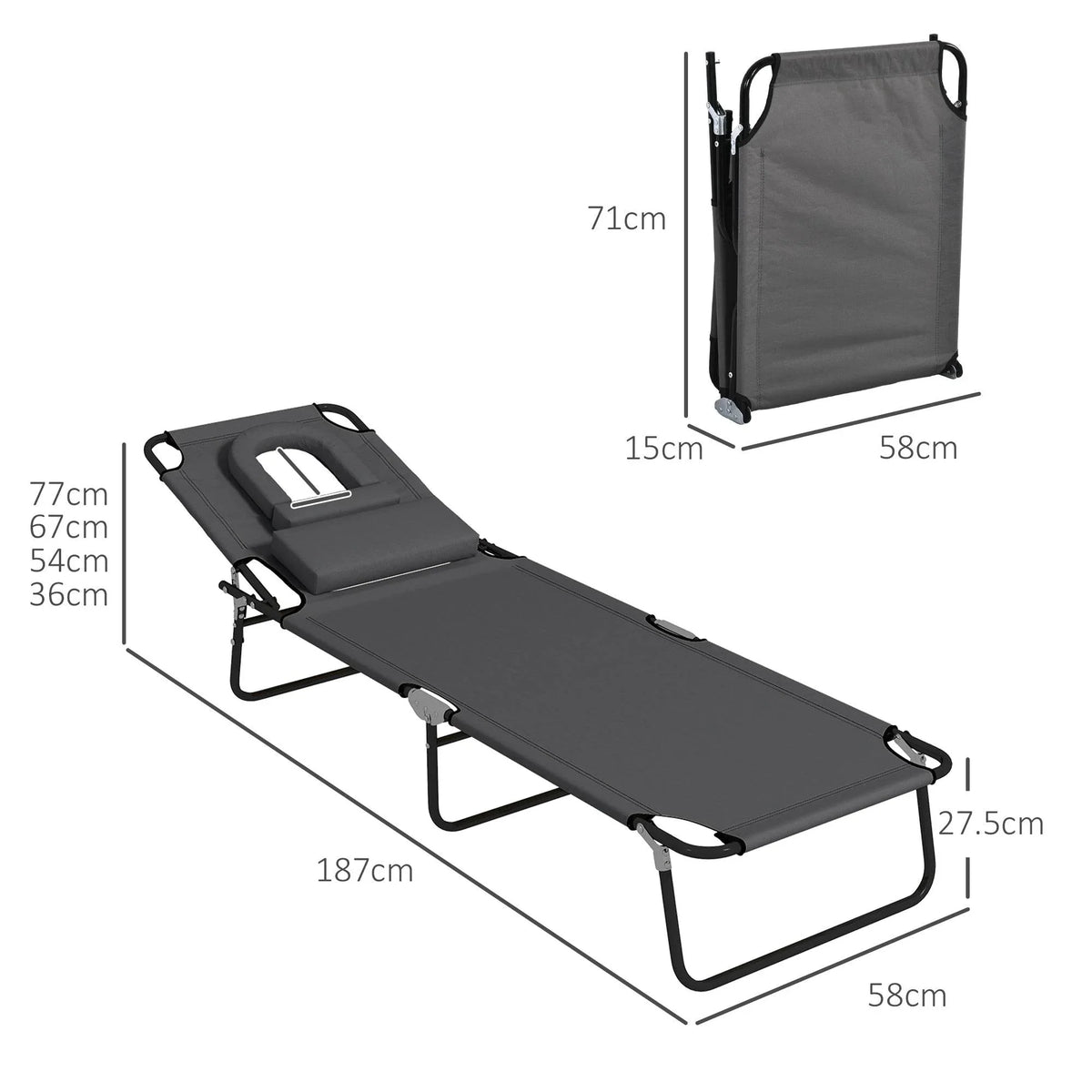 Dark grey adjustable sun lounger with 4-position backrest and padded face hole, side view