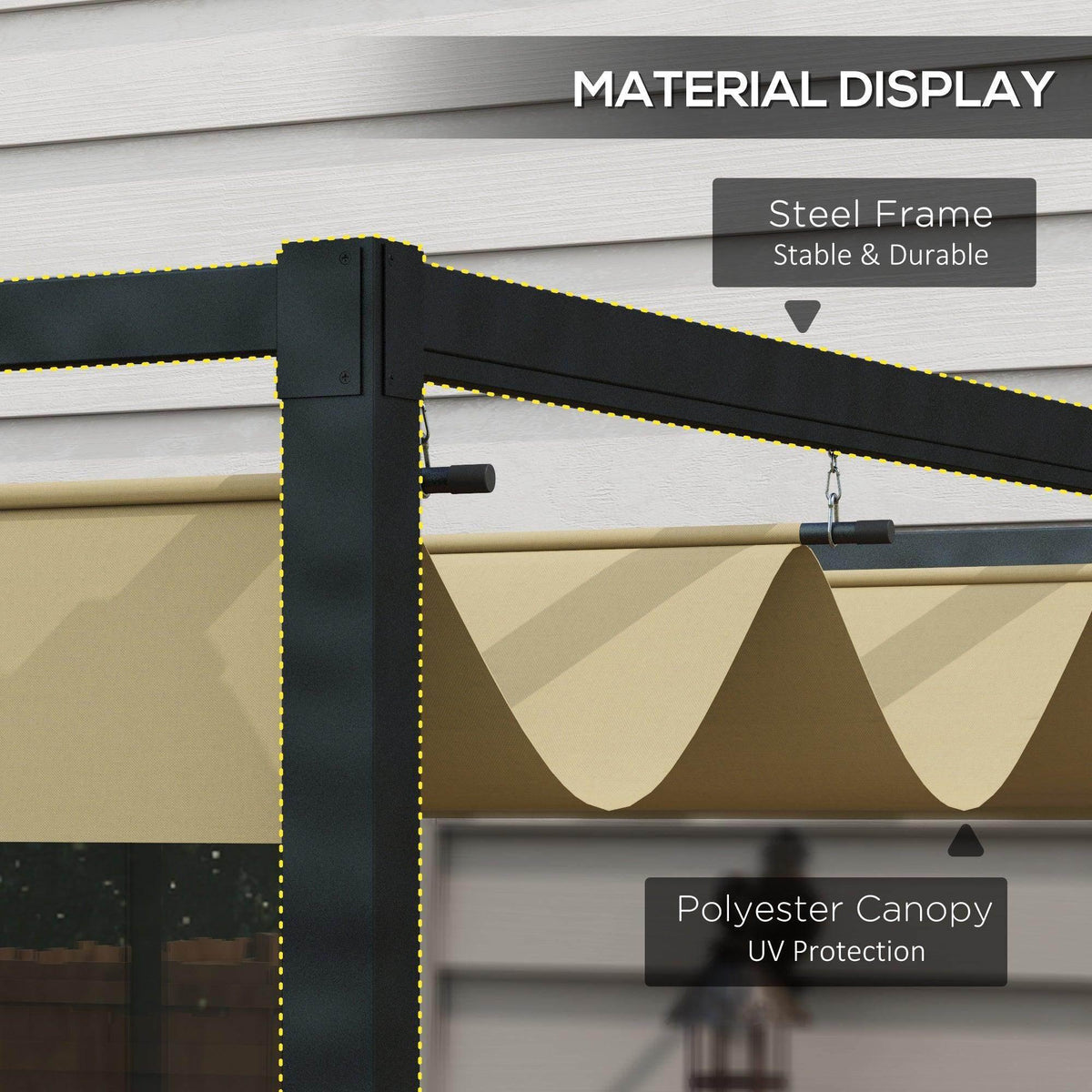 Steel frame and khaki polyester canopy with UV protection detail, close-up