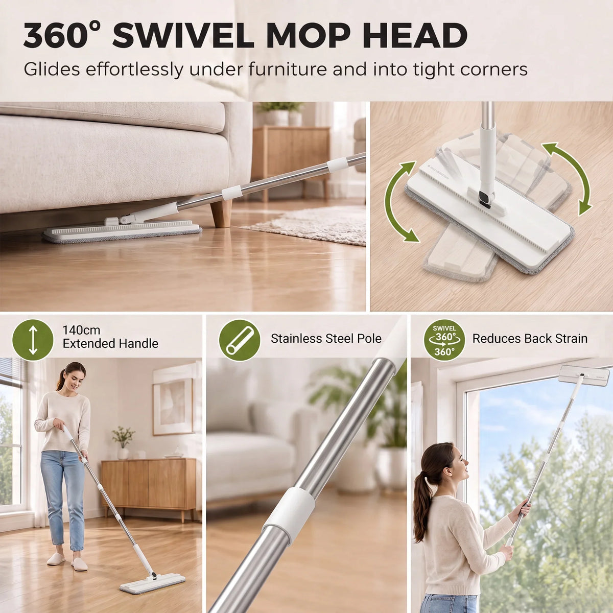Flat mop with 360° swivel head and extended handle for reaching corners during cleaning.
