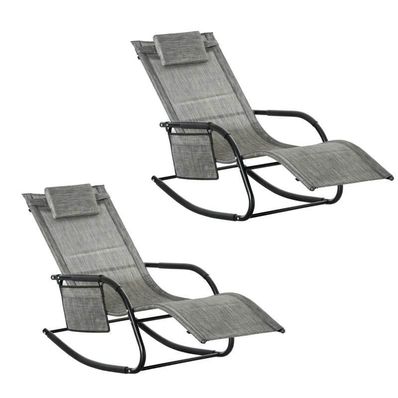 Dark grey rocking patio sun lounger with breathable mesh seat, armrests, and headrest pillow