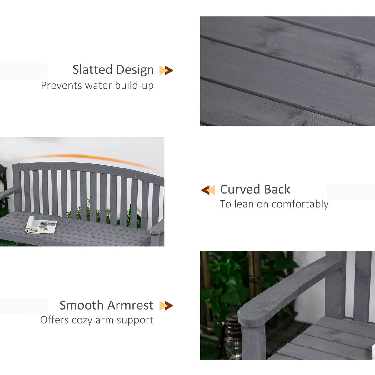 Grey fir wood garden bench features: slatted design, curved back, smooth armrests