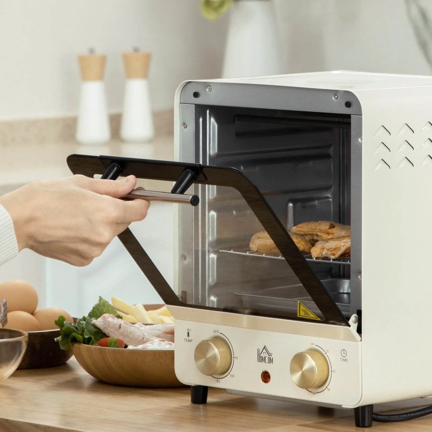 HOMCOM Convection Mini Oven 15L Electric Grill Adjustable Temperature Timer Baking Tray Wire Rack Crumb Tray 1000W Cream White - ALL4U RETAILER LTD