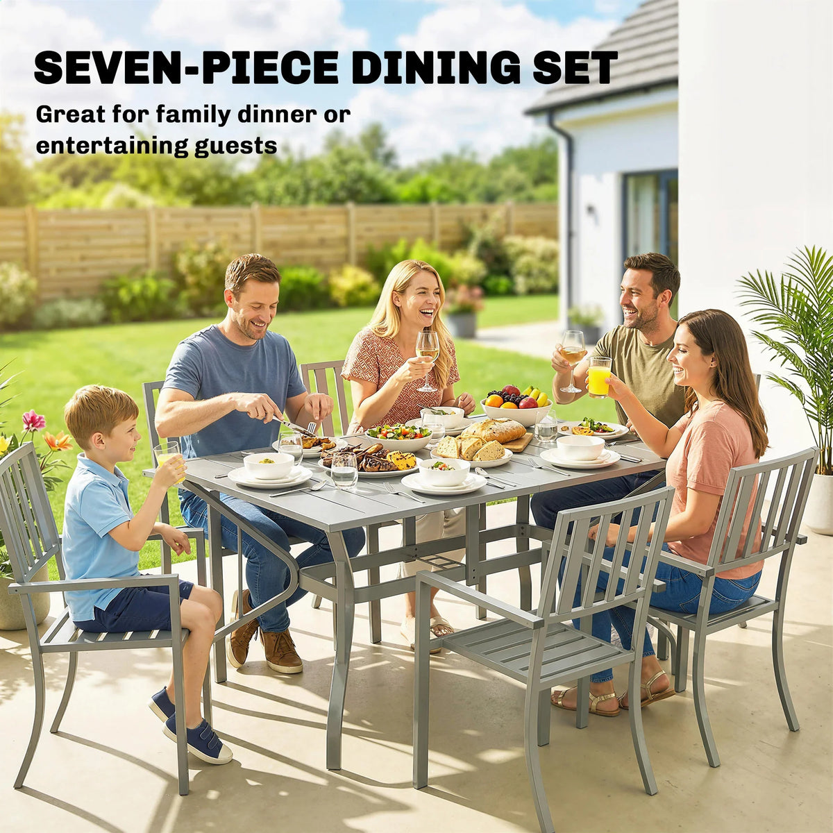 Seven-piece light grey outdoor dining set for six people with six slat chairs