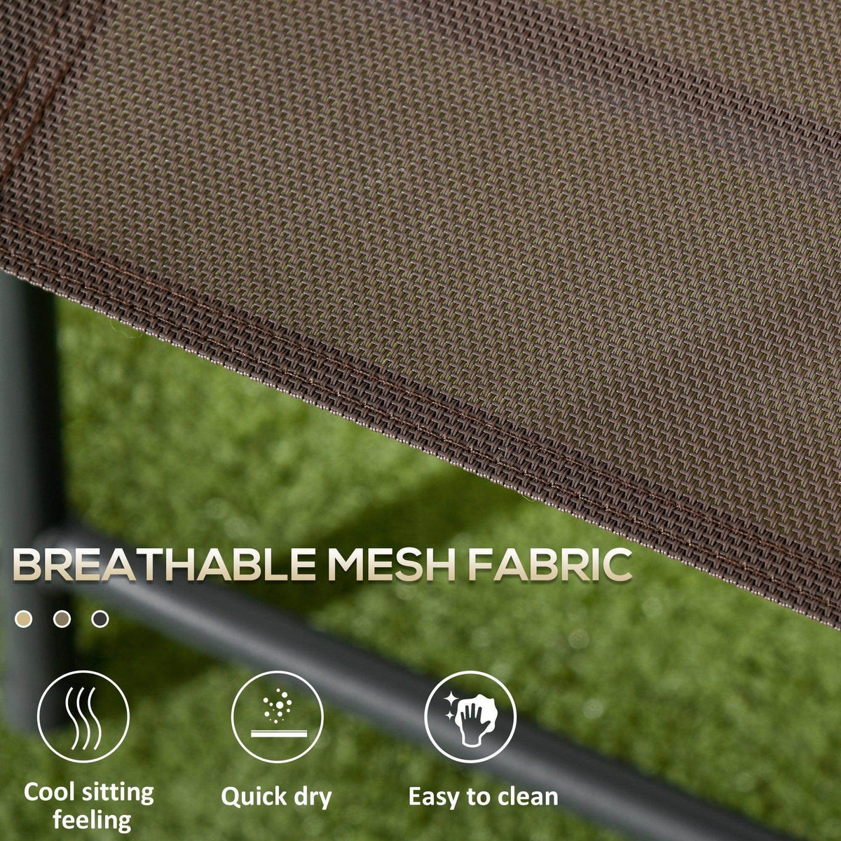Breathable mesh fabric on an outdoor folding chair backrest in brown-gray
