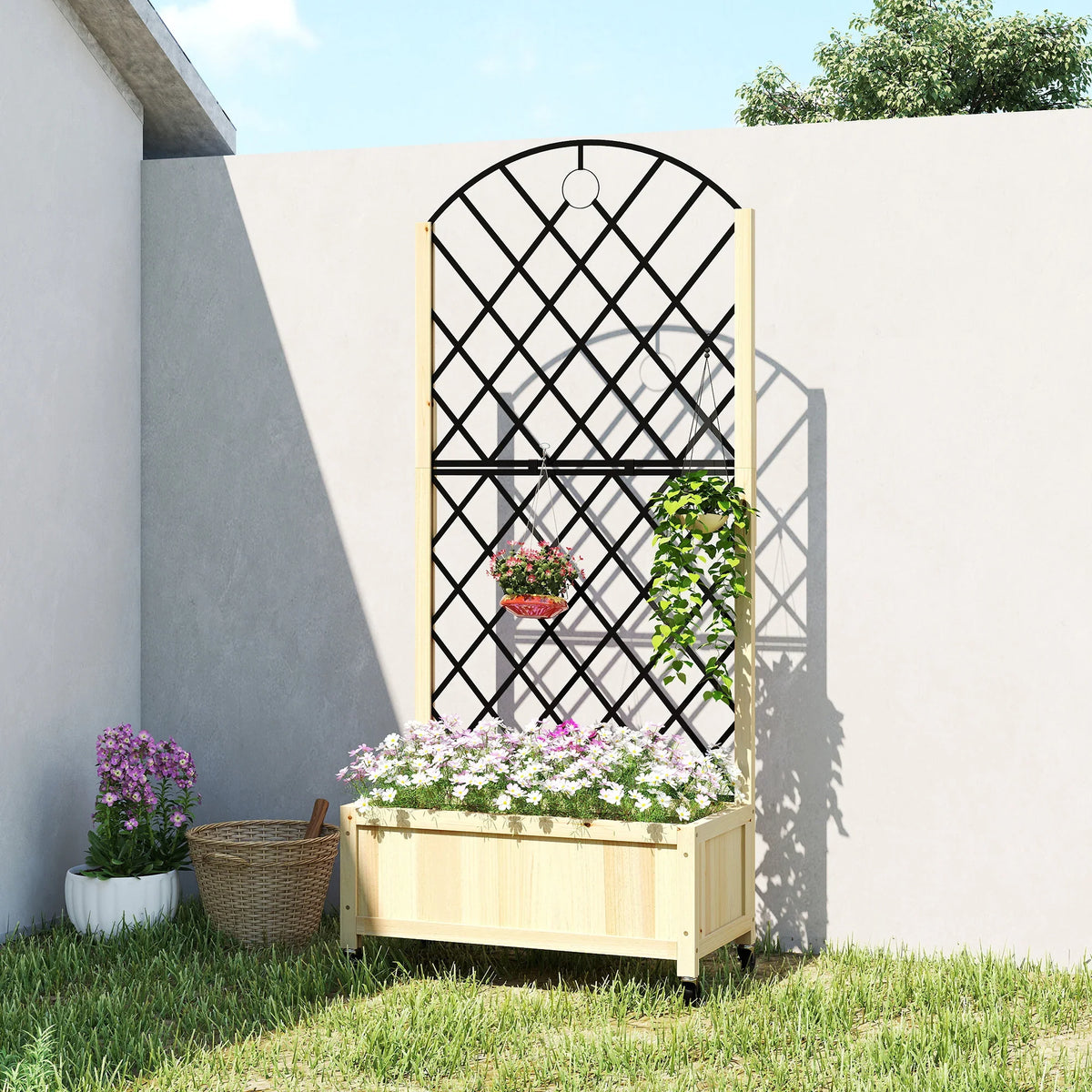 Outdoor raised garden bed with black trellis and natural wood planter box on wheels