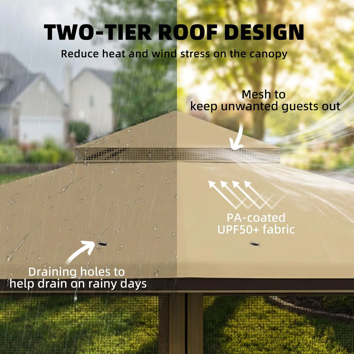 Khaki two-tier roof gazebo canopy with mesh panels and drainage holes