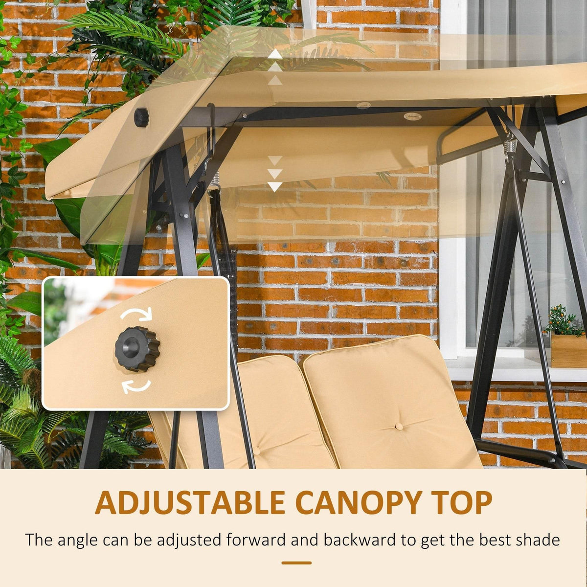 Adjustable canopy on beige two-person swing bench with padded seat cushions and armrests