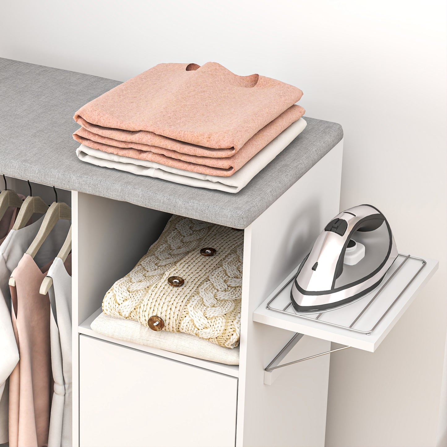 HOMCOM Rolling Ironing Board Cabinet With Foldable Top And Storage Wheeled Ironing Station For Home Laundry White