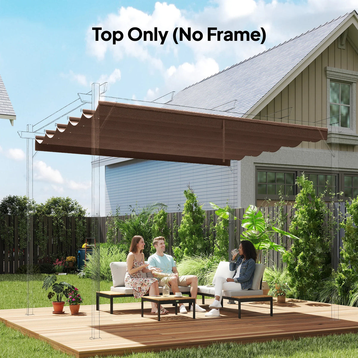 Brown retractable pergola canopy cover, roof top only with scalloped edge