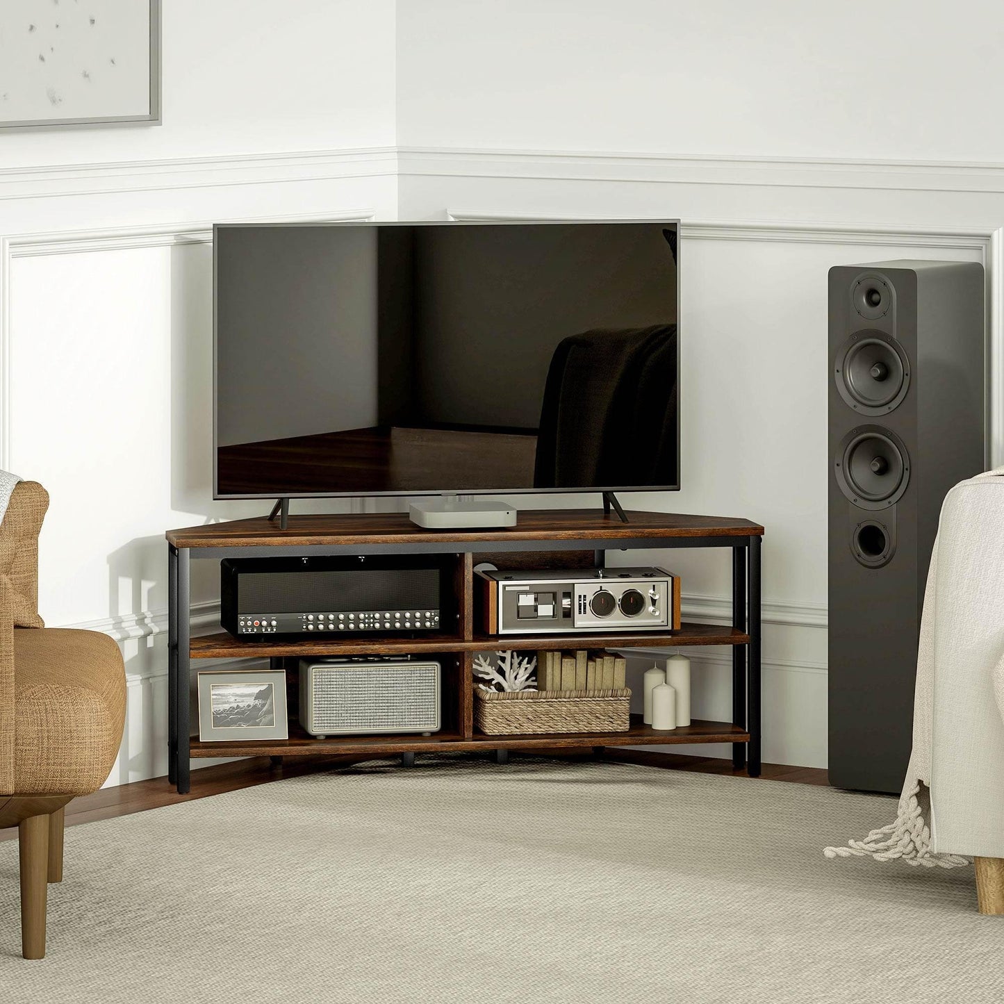 HOMCOM Rustic Industrial Corner TV Stand - Black and Brown - ALL4U RETAILER LTD