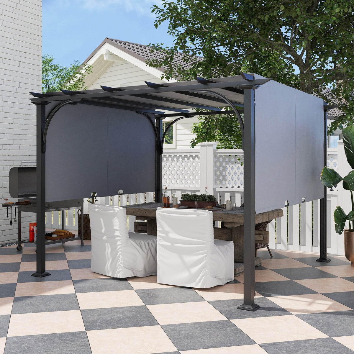 Grey metal garden pergola with adjustable dark canopy panels and open side frame