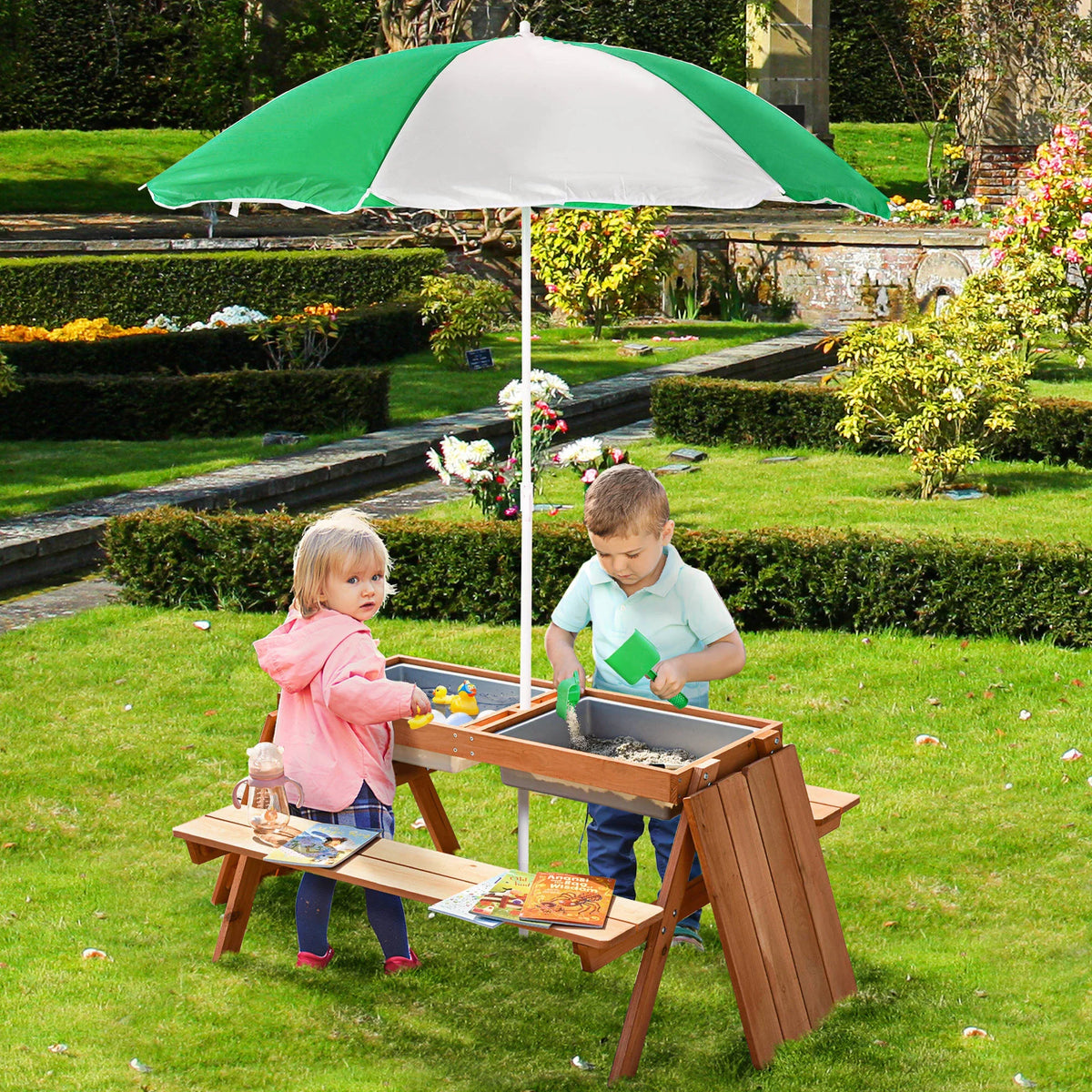 Kids wooden picnic table set with green adjustable parasol and two benches