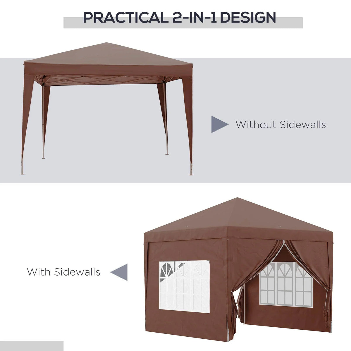 Coffee-brown pop-up gazebo with sidewalls and arched front curtain opening
