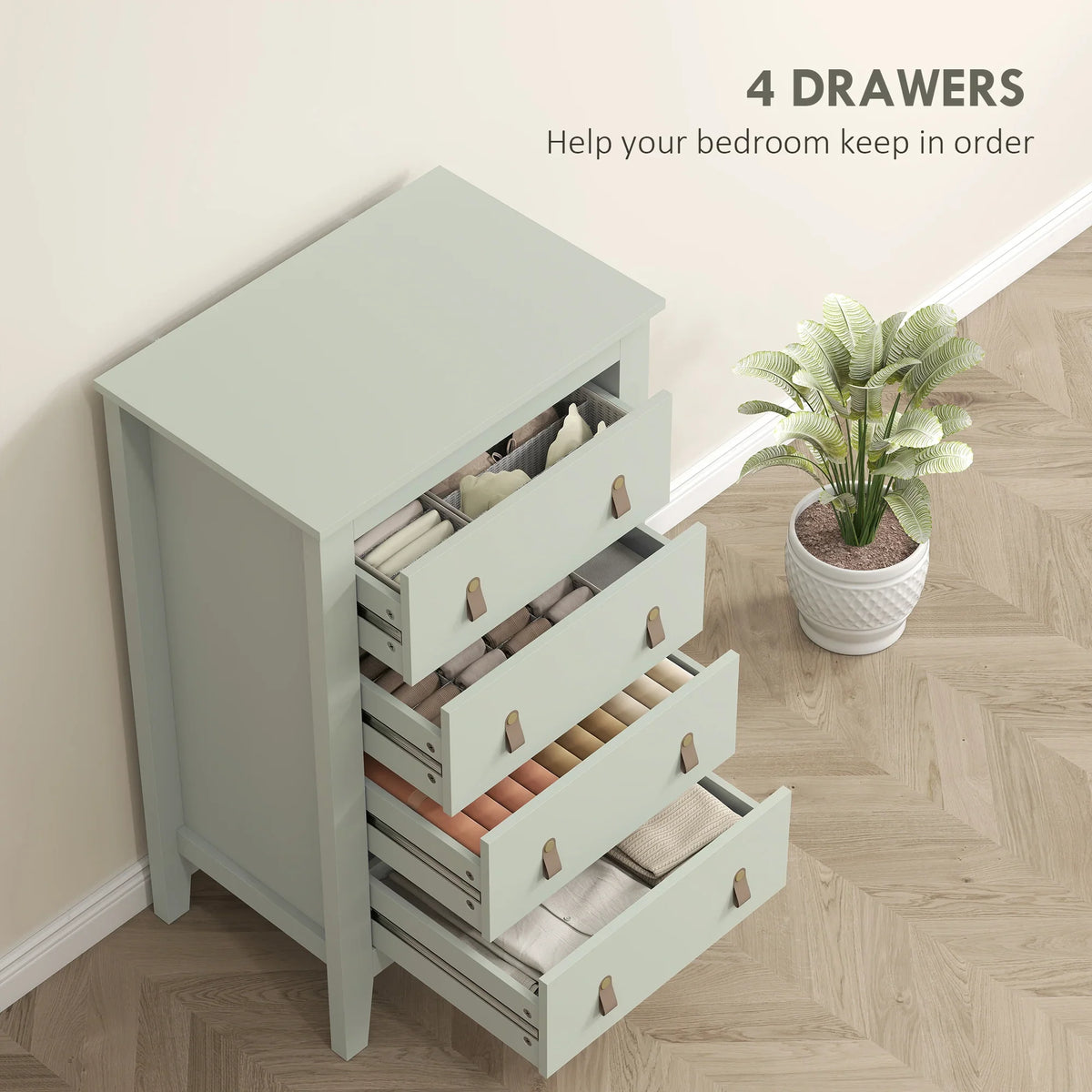 Green dresser cabinet with four drawers open, revealing storage space and brass-tone handles