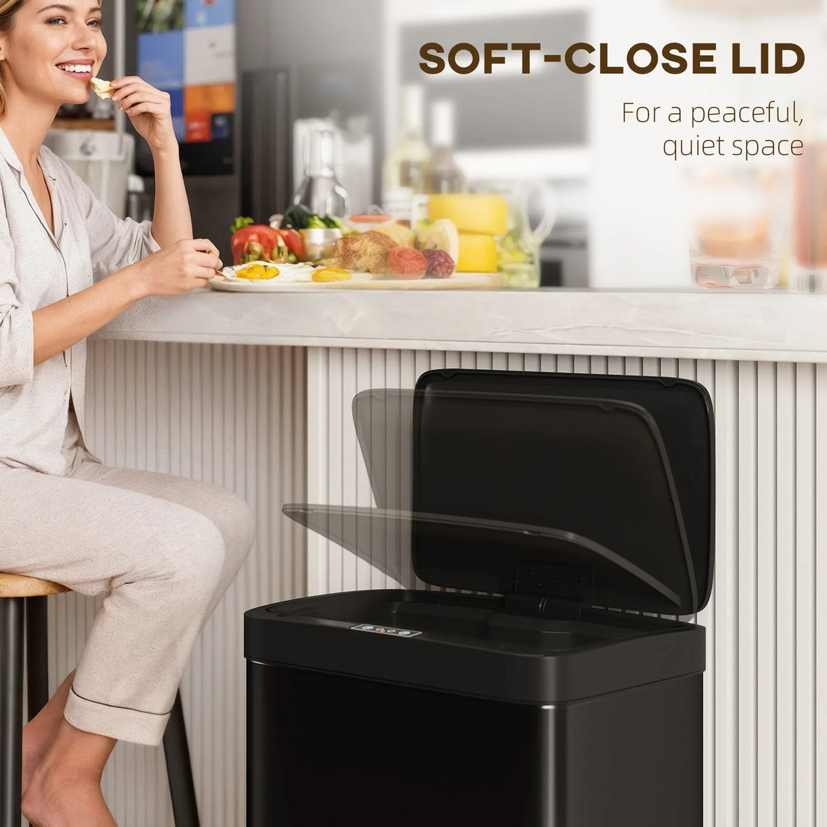 Black 45L touchless sensor bin with soft-close lid and quiet, hands-free opening