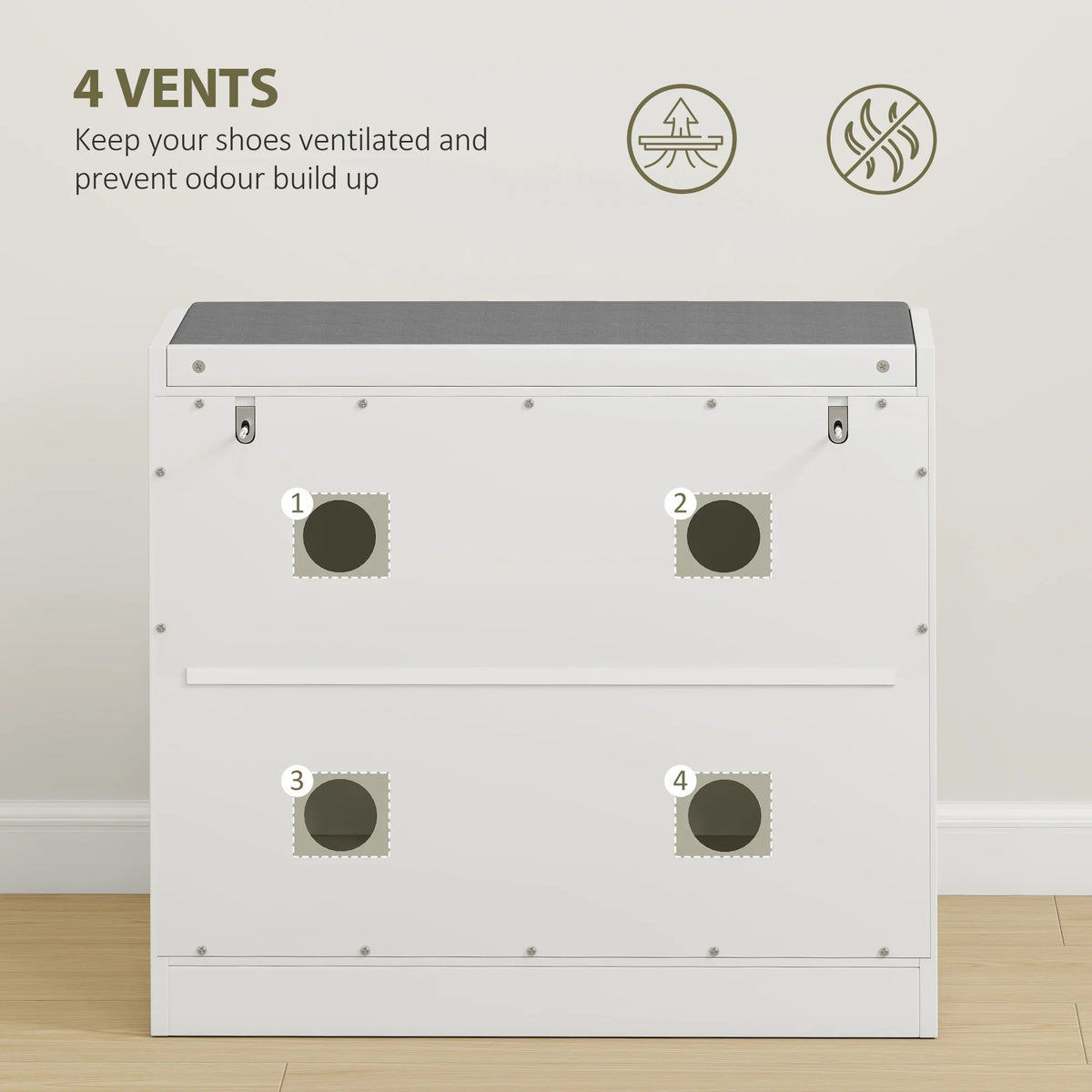 White shoe storage bench back panel with four vent openings for airflow
