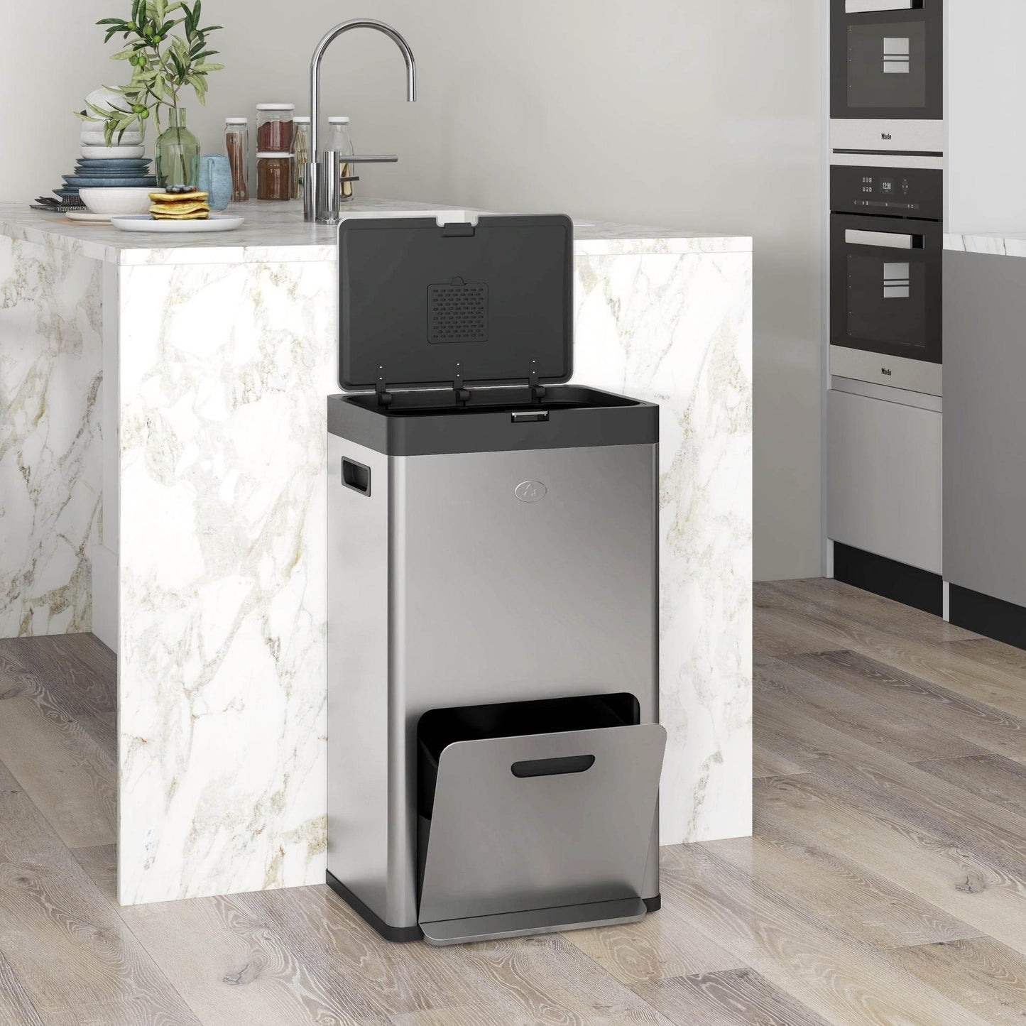 HOMCOM 56L Stainless Steel Triple Compartment Kitchen Trash Can with Deodoriser Holders and Wheels - Silver - ALL4U RETAILER LTD