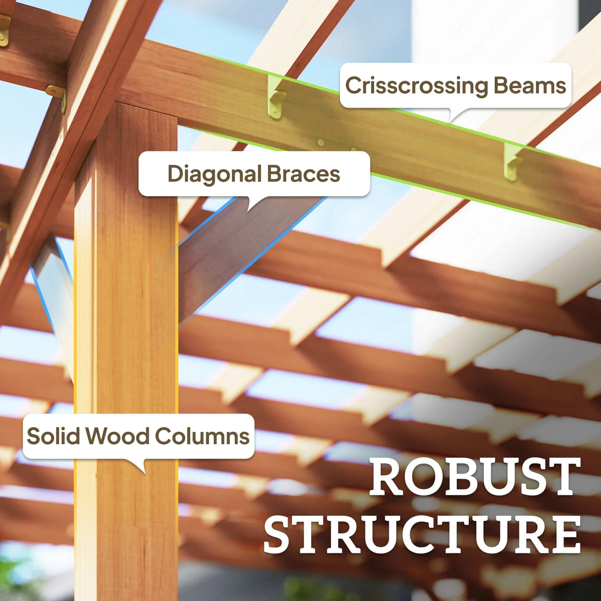 Close-up of dark brown wooden pergola frame with crisscross beams and diagonal braces