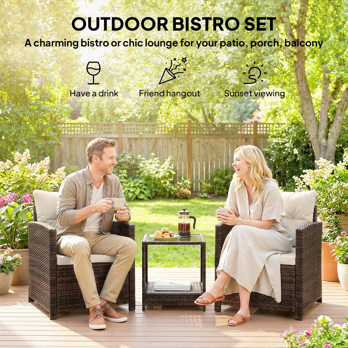 3-piece outdoor bistro lounge set with glass-top table and beige cushions, dark brown