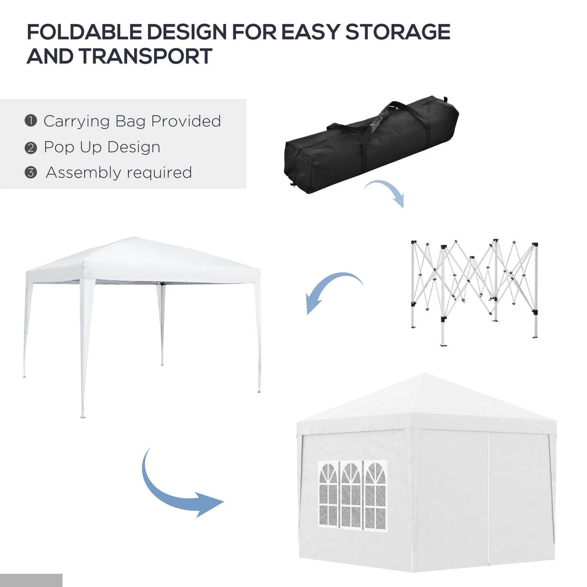 White pop-up gazebo tent with foldable setup and included carrying bag