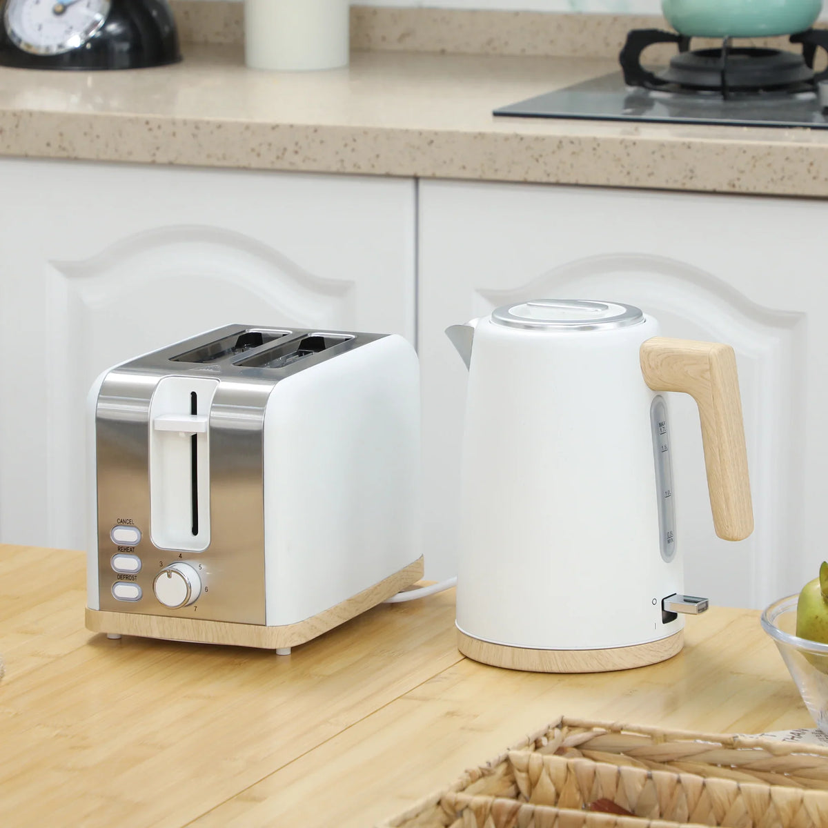 White electric kettle and toaster set with wood handles, shown side by side on a counter