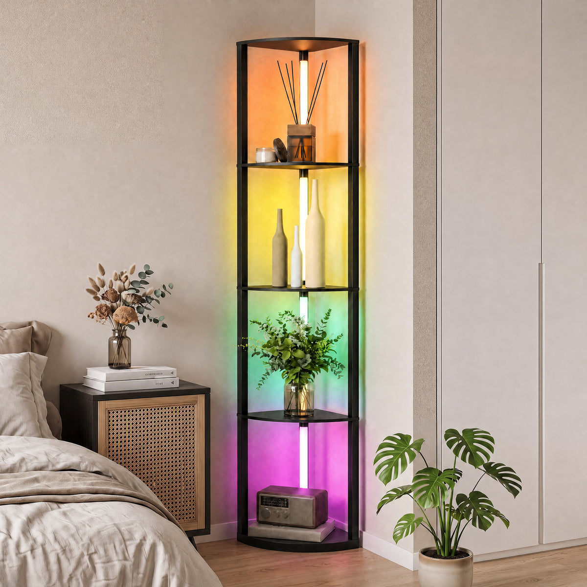 Black tall floor lamp with four glass shelves and multicolor RGB illumination