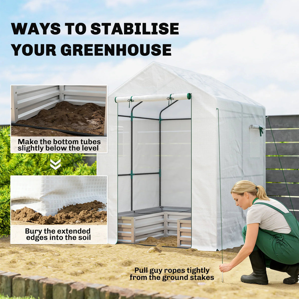 White greenhouse tent with raised garden bed planter and grounded support ropes, side view