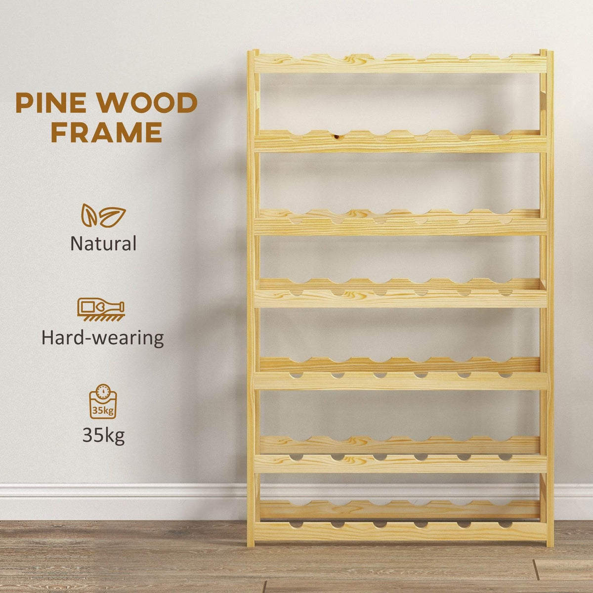 Pine wood wine rack with scalloped bottle supports and natural finish